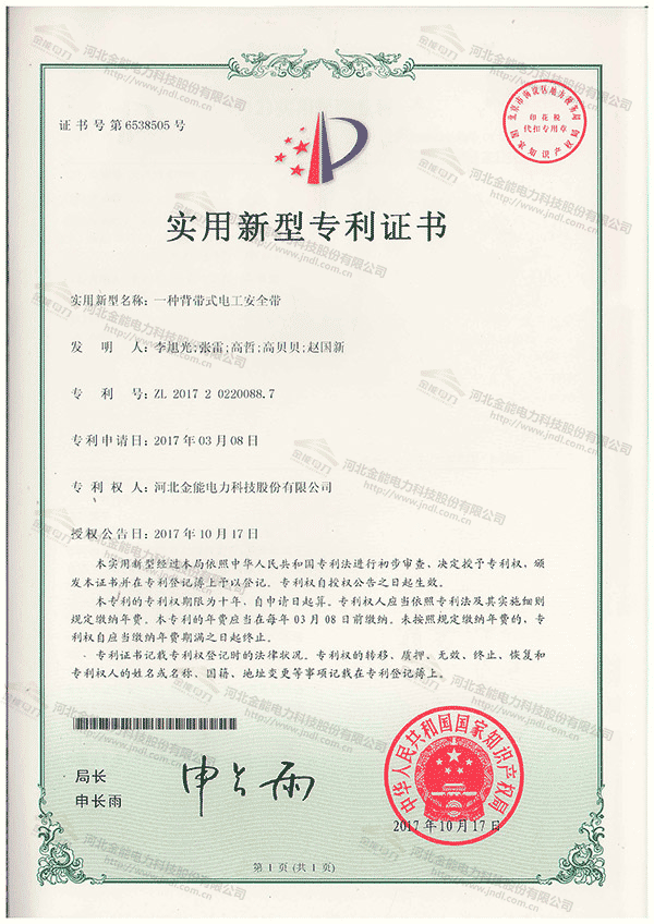 專利證書---一種背帶式電工安全帶